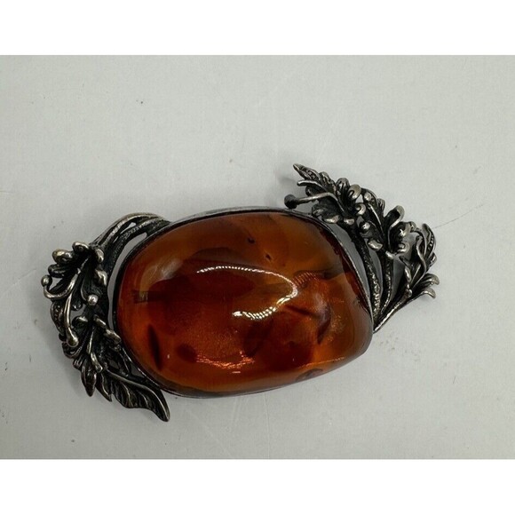 Vintage Sterling Silver Lily Flowers Surrounding Baltic Amber Brooch Pin Signed - Picture 2 of 12